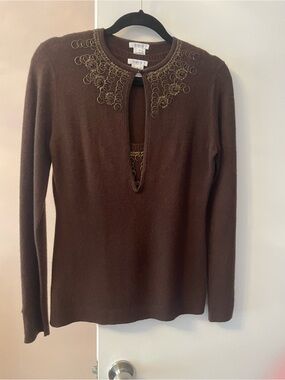 Brown Cashmere Cardigan with tank top Gold Ring Embellishments (set of 2 pieces)